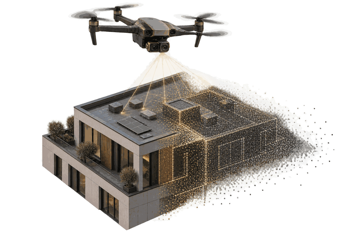 Visualizzazione concettuale di un drone che rileva un edificio e genera una nuvola di punti